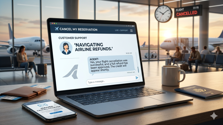 Traveler preparing a cancellation request checklist with booking documents.