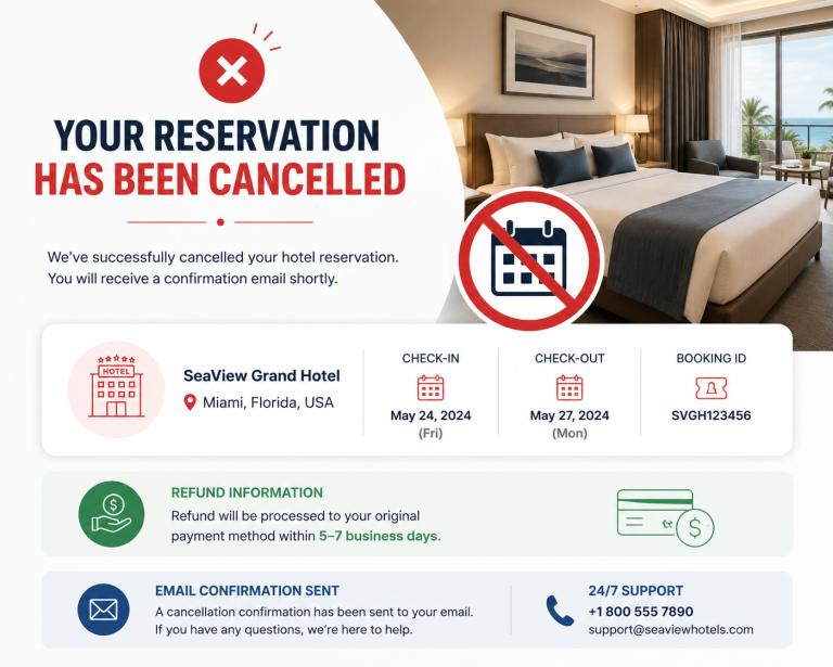 Hotel reservation cancellation scene with traveler reviewing refund options.