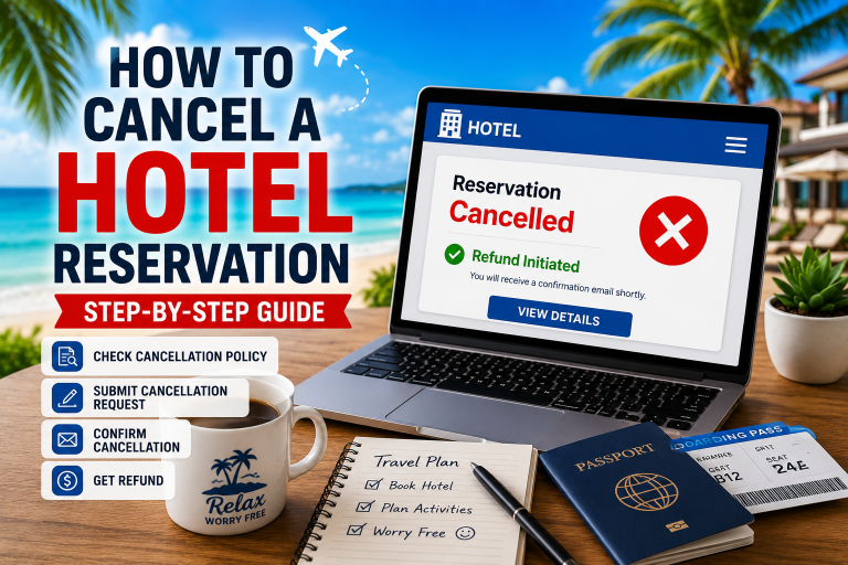 Traveler reviewing cancellation options after a changed reservation.