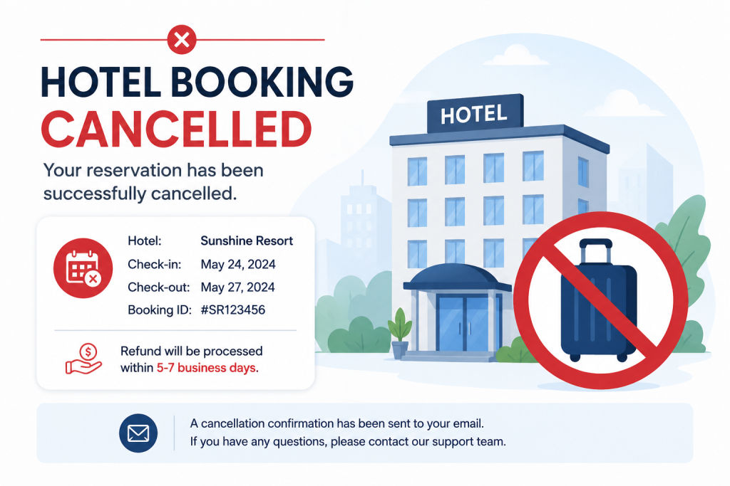 Hotel reservation cancellation scene with traveler reviewing refund options.
