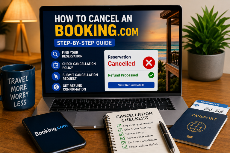 Traveler preparing a cancellation request checklist with booking documents.