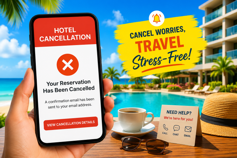 Traveler reviewing cancellation options after a changed reservation.
