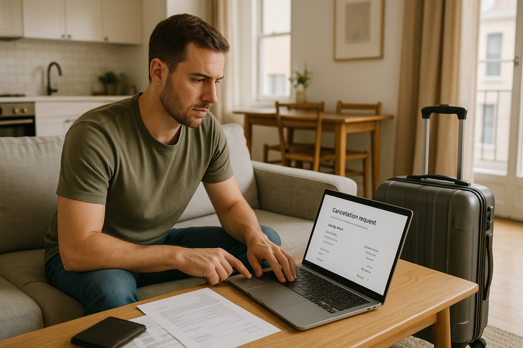 Man submitting a cancellation request on a laptop.