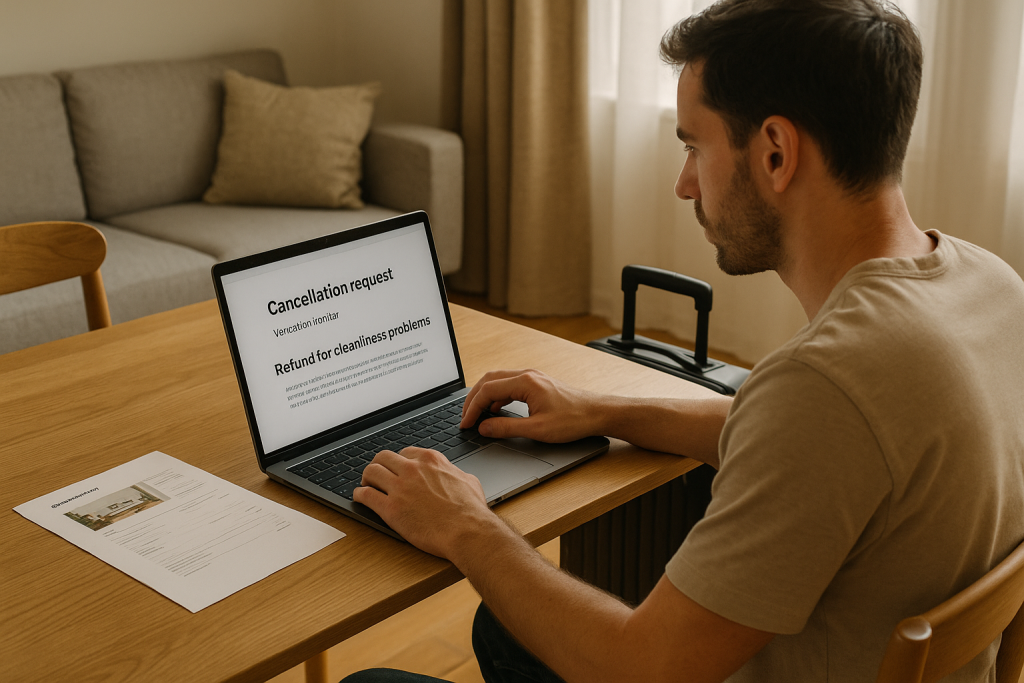 Person submitting a cancellation request on a laptop.