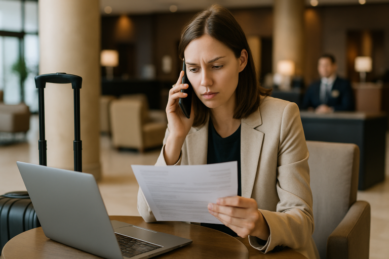 Concerned traveler on phone with documents at hotel.
