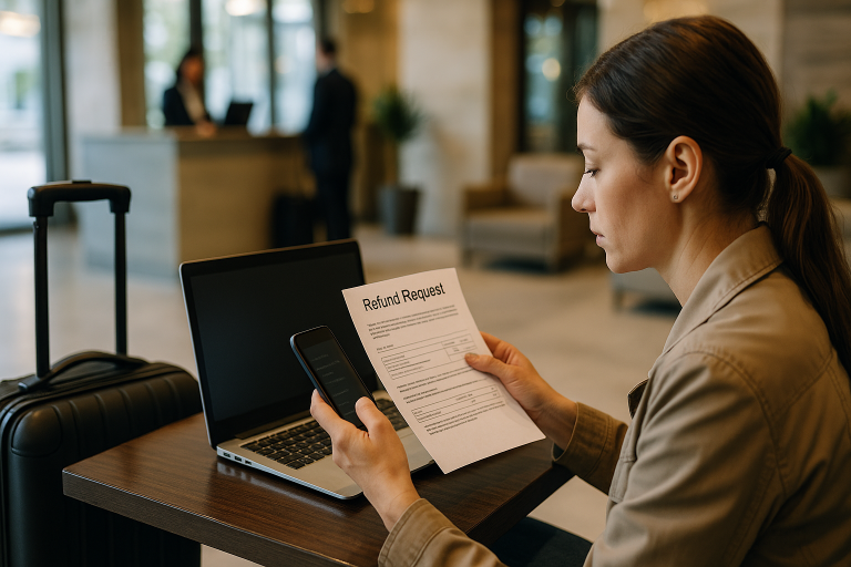Traveler preparing a refund request after a canceled reservation.