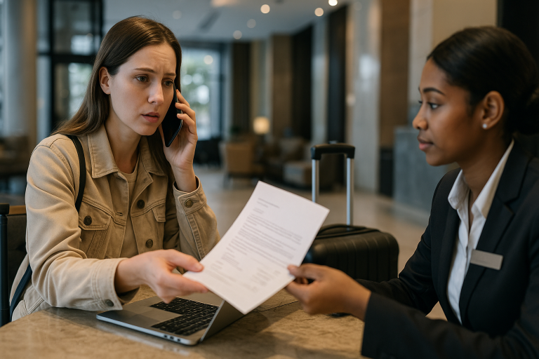 A traveler on the phone discussing a reservation with hotel staff.